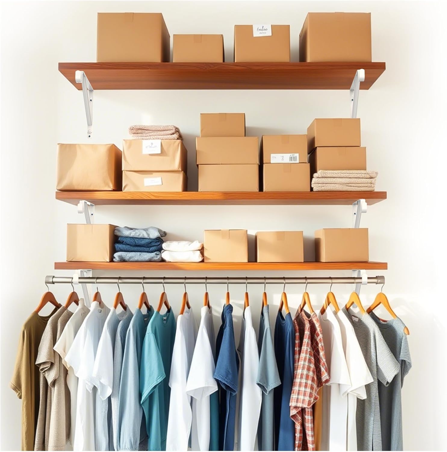 Closet Rod Bracket Heavy Duty Total Up to 300 lbs (6-Pack)- Wall Mounted Shelf Supports for Closet, Garage, Laundry, Rust-Proof Metal with Screws & Anchors, White